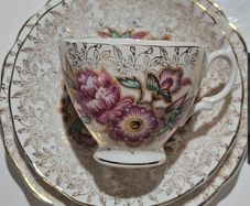 Vintage 22 KT Gold Overlay Chintz Fine Bone China Teacup Trio Set