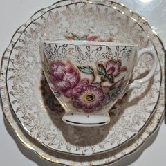 Vintage 22 KT Gold Overlay Chintz Fine Bone China Teacup Trio Set