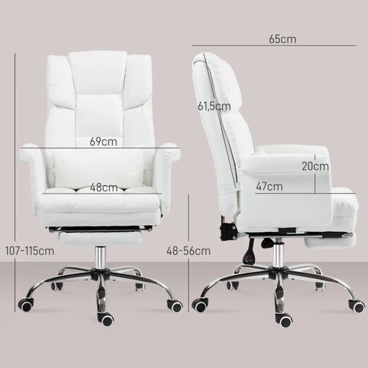 Ergonomic Office Chair, height-adjustable 48-56 cm, reclining backrest, footrest, White