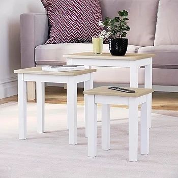 Vida Designs Yorkshire Nest of 3 Tables for Living room, Stacking Side Tables, Sturdy and Easy Assembly (Oak & White)