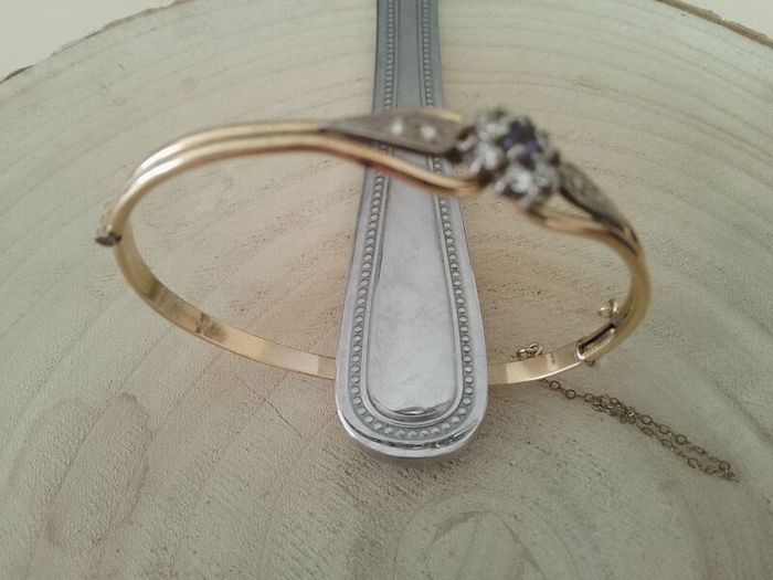 Vintage Rolled Gold Bangle Bracelet  Amethyst  Clear Stone Cluster