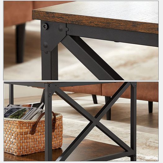 Coffee Table with X-Shaped Struts, Steel Frame and Shelves, 100 x 55 x 45 cm, Industrial Design, Country House Style, Vintage Brown / Black