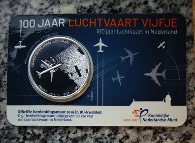 Netherlands 5 Euro Base Metals (Silver Plated) Brilliant Uncirculated Coin 2019 - Aviation