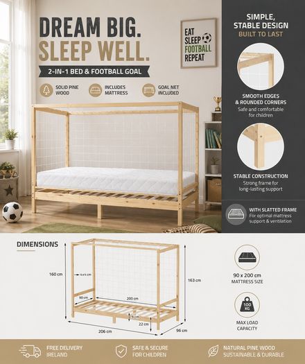 Kids Football Goal Bed with Mattress  90 x 200 Pine Wood