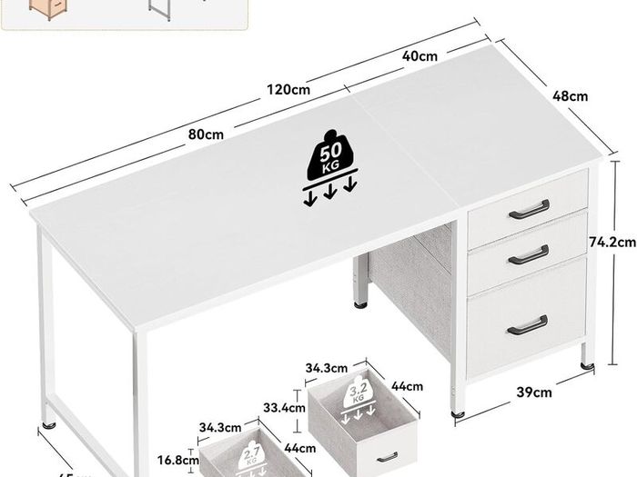 Computer Desk with Drawers 120x48cm Office Storage Reversible Small White Desks for Home