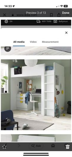 Smastad loft bed, wardrobe, drawers and desk
