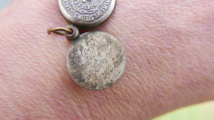 Vintage St Bernadette Sliding Medal with Tissue Relic--Vintage/Antique Round Reliquary/Theca Necklace Pendant--Lourdes Soubirous Saint Catholic