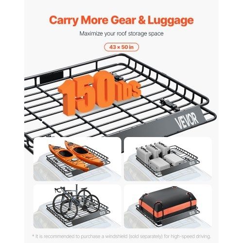 Roof Rack Cargo Carrier, 43 x 50 x 4.1 in, Universal Rooftop Cargo Basket, Car Top Luggage Holder with 150 lbs Max Load Capacity, 4.1 in Fence, Anti-Rust Alloy Steel, Wind Fairing, for SUV Car