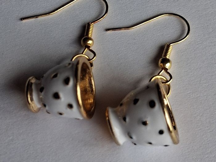 White & Gold Spotty Mini Teacup Drop Earrings