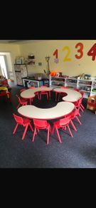 Set of 3 crescent tables and 16 chairs