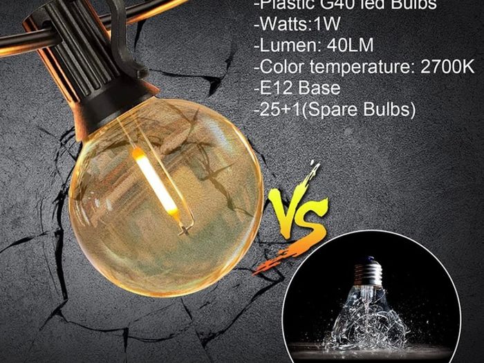 Outdoor LED String Lights Mains Powered 15M/50FT, G40 Waterproof Patio Bistro Hanging Lights with 1W 26 Plastic Bulbs 1 Spare MULTIPLE SIZES AVAILABLE, SEE DESCRIPTION (FREE POSTAGE)