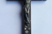 Antique Wooden and Bronze Cross with Mother of Pearl Inlay