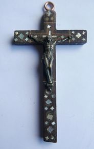 Antique Wooden and Bronze Cross with Mother of Pearl Inlay