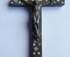 Antique Wooden and Bronze Cross with Mother of Pearl Inlay
