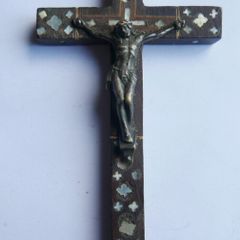 Antique Wooden and Bronze Cross with Mother of Pearl Inlay