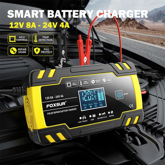 FOXSUR FBC122408D Car Battery Charger,12V/24V 8A 4A Intelligent Automatic Battery Charger for Car