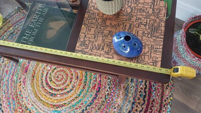 Stunning and Unique/Rare Mid Century Modern Wooden Coffee Table with Smoked Glass and Acid-Etched Copper Inlay and Slatted Magazine Shelf