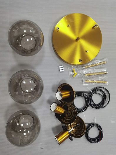 Industrial Vintage 3 Way Pendant Light Cluster Glass Globe Chandelier Brass Metal Ceiling Hanging Lamp Kitchen Dining Room Indoor Lighting Fixture (Amber Ball)