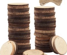 Unfinished Natural Wood Slices (50 Pack) - 3-5cm Diameter & 5mm Thick - Predrilled Holes & 10m of Jute Twine - Small Rustic Wooden Log Discs with Bark & Smooth Finish - For Crafts & Decorations (FREE POSTAGE)