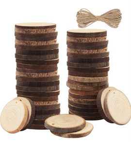 Unfinished Natural Wood Slices (50 Pack) - 3-5cm Diameter & 5mm Thick - Predrilled Holes & 10m of Jute Twine - Small Rustic Wooden Log Discs with Bark & Smooth Finish - For Crafts & Decorations (FREE POSTAGE)