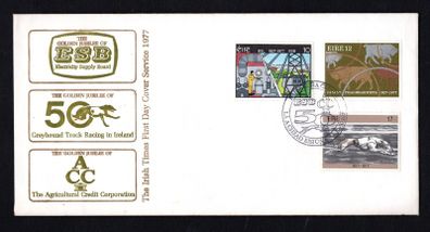 1977 Ireland Golden Jubilees: Electricity Supply Board (ESB); Agricultural Corporation, Greyhound Track Racing in Ireland Commemorative Stamp Illustrated The Irish Times First Day Cover (FDC)