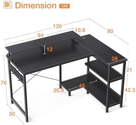 Small Corner Desk, 120 x 50 cm Gaming Desk with Reversible Storage Shelves, L Shaped Desks with Monitor Stand and PC Stand for Home Office, Computer Desks with Headphone Hooks, Black