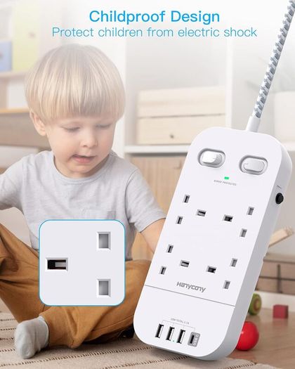 4 Way Surge Protected Extension Lead with USB Slots Multi Plug Power Strip Extension Cable with Double Switches, Plug Extension Socket 1.8M Braided Extension Cord for Home Office Accessories Brand: HANYCONY