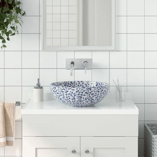 Countertop Basin White and Blue Round 41x14 cm Ceramic