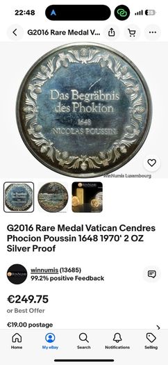2.3oz Rare Medal Vatican Cendres Phocion Poussin 1648 1970' 2 OZ Silver Proof 925