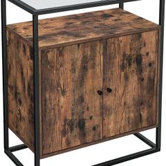 _Sideboard, side cabinet, sideboard, kitchen cabinet with glass surface, living room, hallway, office, sturdy steel frame, tempered glass, industrial design, vintage brown/black