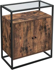 _Sideboard, side cabinet, sideboard, kitchen cabinet with glass surface, living room, hallway, office, sturdy steel frame, tempered glass, industrial design, vintage brown/black