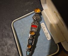 Vintage Miracle Celtic Dagger Brooch Pin with stone inlay & amber colored rhinestones.