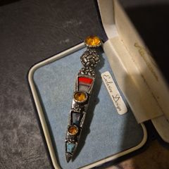 Vintage Miracle Celtic Dagger Brooch Pin with stone inlay & amber colored rhinestones.
