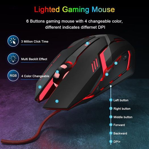 Gaming Keyboard and Mouse Set, UK Layout, RGB Backlit Wired Keyboard, Ergonomic 4-Color LED Gaming Mouse, Large Mousepad, USB Plug & Play for PC, Mac, PS4, Xbox