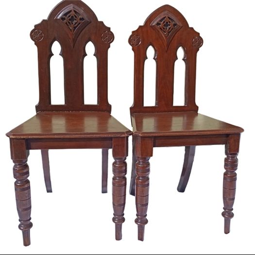 CLEARANCE: PAIR of antique 19th century Victorian Gothic mahogany hall chairs