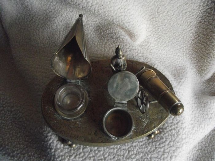 Victorian Brass Inkwell Desk Set - Military Theme - Lozenge Mark 13th January 1883