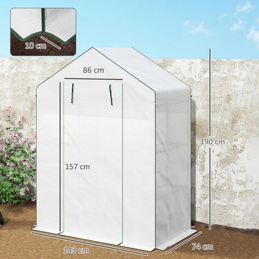 143 x 74cm Walk-In Greenhouse, with Shelves White