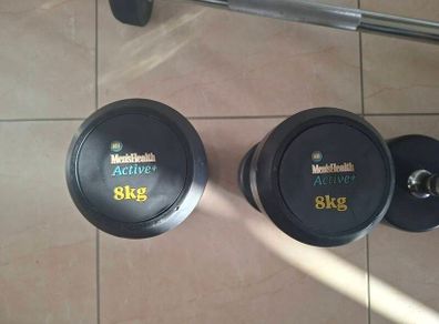 Two 8kg weights, One Arm bar 10kg weight One 6kg kettle bell