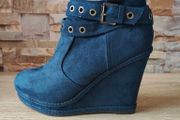 Blue Suede, Side Zip Ankle Wedge Boots, Size 6