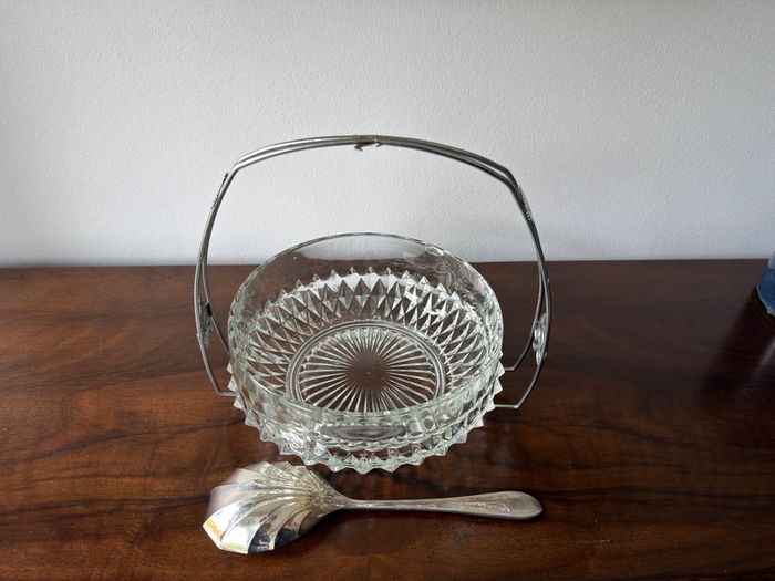 Vintage Cut Glass Serving Bowl with Decorative Stand & EPNS Spoon