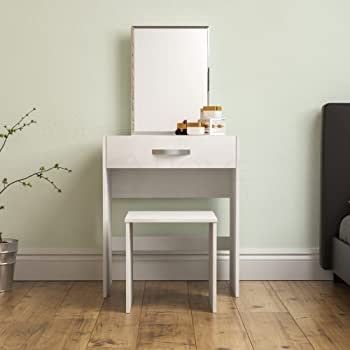 Dressing Table Isla 1 Drawer Mirror & Stool Bedroom Set Makeup Vanity Cosmetics Storage Desk Dresser Furniture White (FREE SHIPPING)
