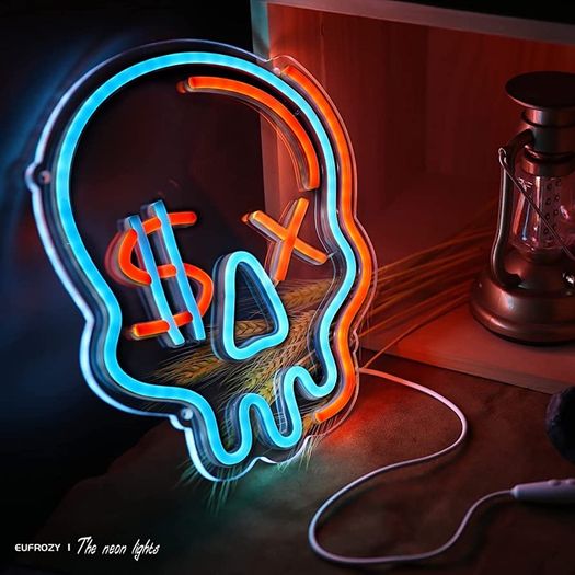 Dimmable Skull Neon Sign, Skull Neon Light Acrylic Plate Powered by USB with Switch, 28x25cm Skeleton LED Blue Wall Signs Art for Kid Bedroom Teen Boys Living Room Bar Party Decoration (FREE POSTAGE)