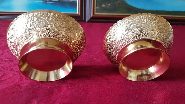 Antique Ornate And Engraved Solid Brass Footed Bowls With Underplate