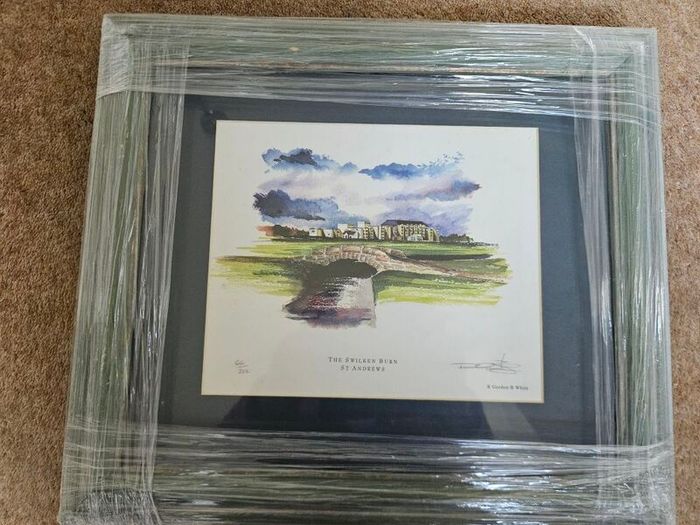 2 matching framed St Andrews 100th anniv golf prints. Printed on 100% linen board using lightfast inks