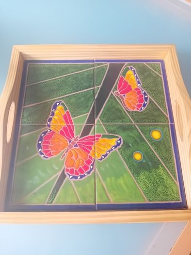 Artisan butterfly ceramic tiled wooden tray