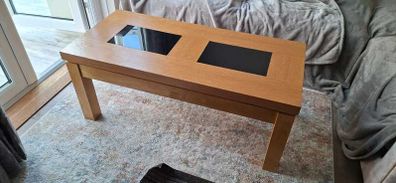 Oak coffee table with black glass inserts