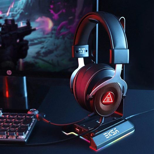 W1 RGB Headphones Stand Gaming Headset Stand with 7.1 Surround Sound, Desktop Headphone Holder with 3.5mm Aux and 2 USB Ports, Aluminum PC Gamer Headset Accessories