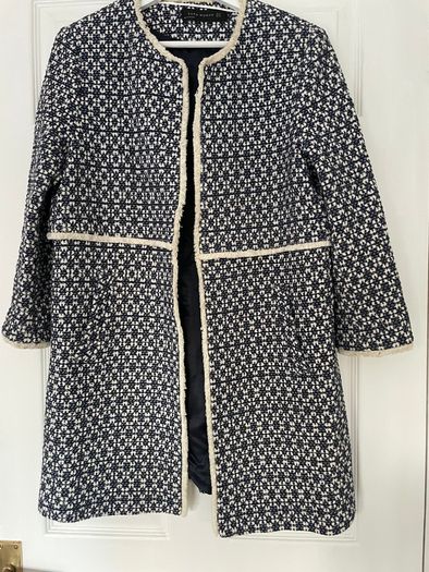 Zara Blue & White Longline Jacket/Coat - Size XL