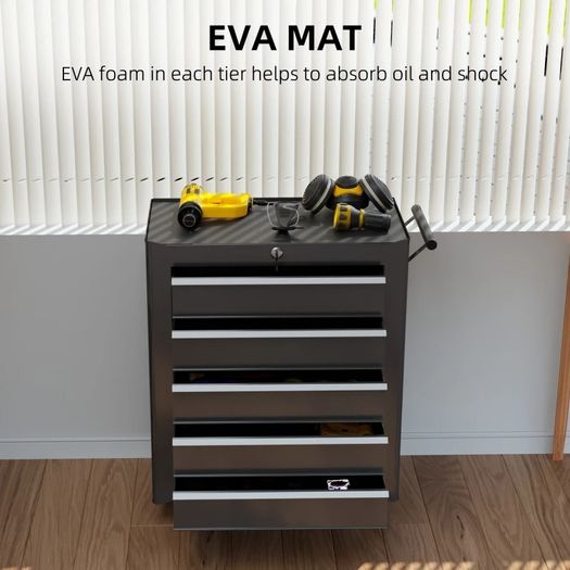 5-Drawer Tool Chest with Wheels, Steel Lockable Tool Storage Cabinet with Handle, 2 Keys for Garage, Workshop, Black
