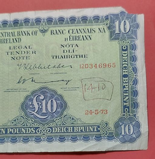 Irish 1973  Lavery Ten pound  banknote in  fine condition